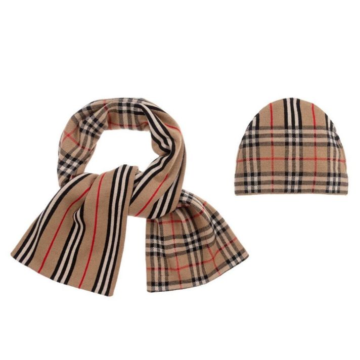 Iconic Check Stripe Archive Beige Wool Hat & Scarf Set