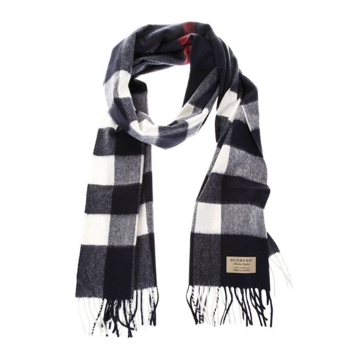 Large Classic Navy Check Cashmere Scarf