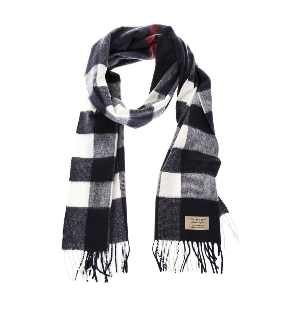 Large Classic Navy Check Cashmere Scarf