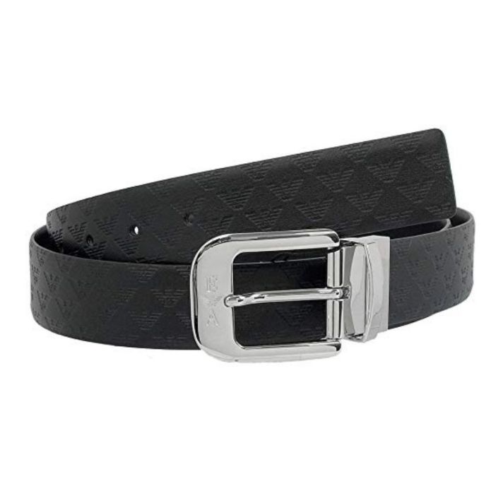 Emporio Armani Black Reversible All Over Eagle Logo Embossed Belt One Size