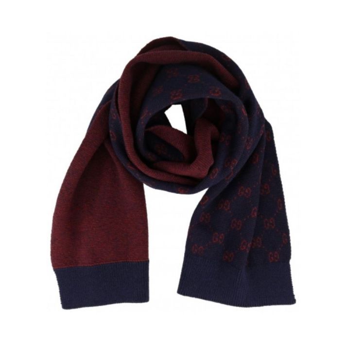 All over GG Alpaca Wool Navy Red Knit Scarf