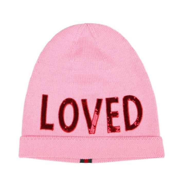 Sequin Embroidered Loved Knit Pink Beanie Hat
