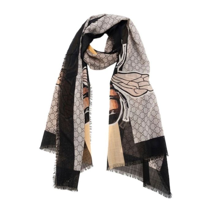 GG Supreme Web Bee Motif Wool Scarf Beige/Brown/Black