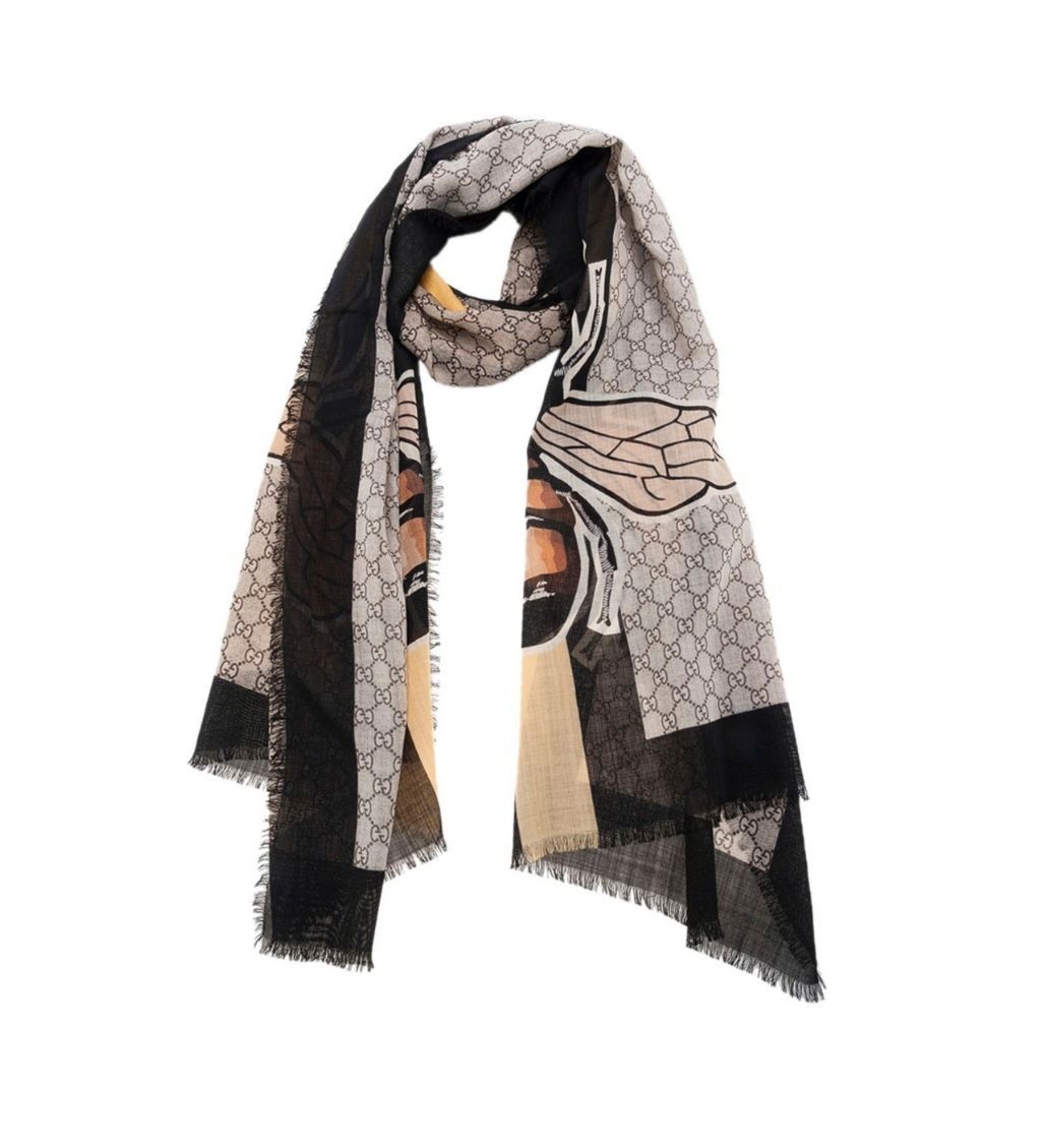 GG Supreme Web Bee Motif Wool Scarf Beige/Brown/Black