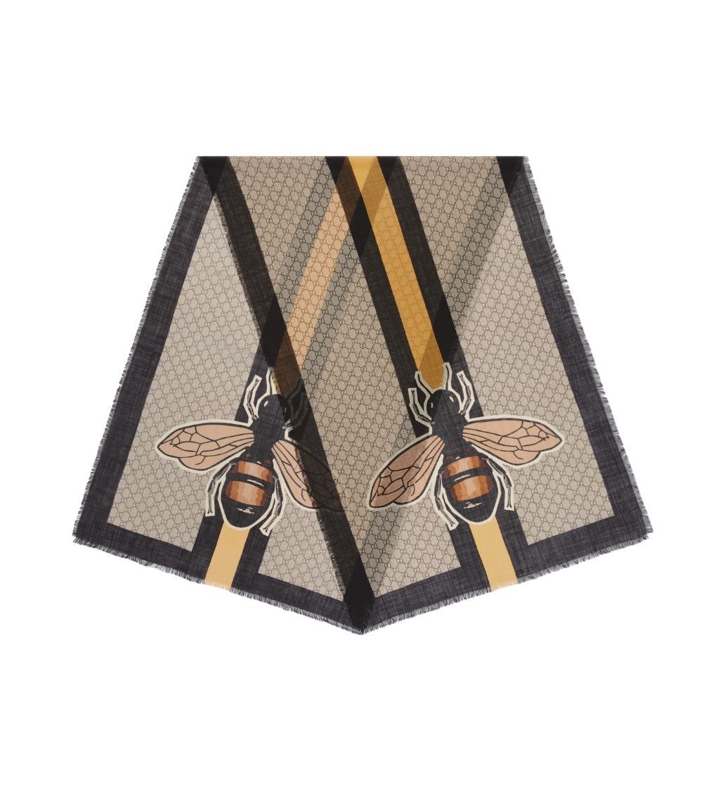 GG Supreme Web Bee Motif Wool Scarf Beige/Brown/Black - Image 4