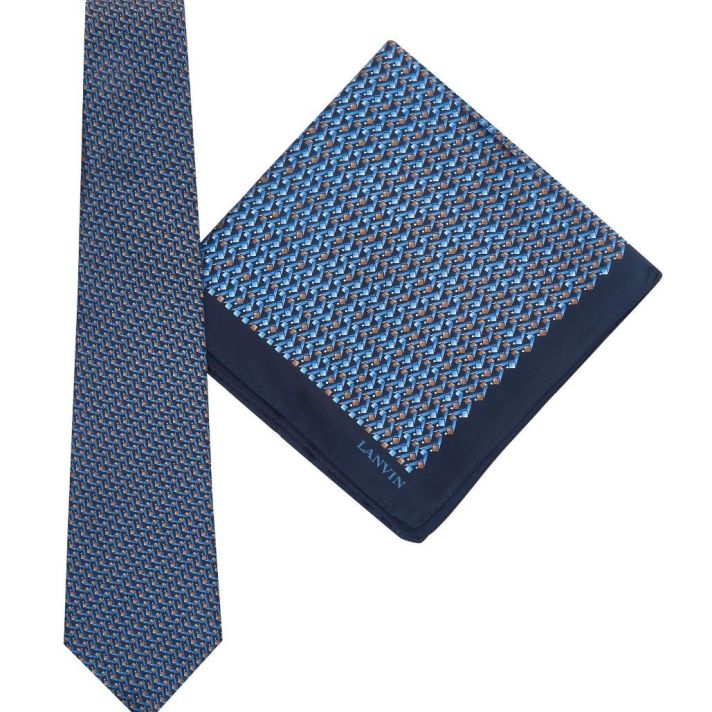 Tie & Pocket Square Geometric Squares Pattern Navy/Brown Gift Set