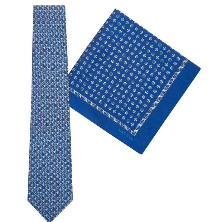 Tie & Pocket Square Geometric Circles Dot Pattern Blue/Grey Gift Set