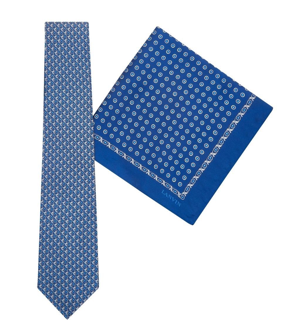 Tie & Pocket Square Geometric Circles Dot Pattern Blue/Grey Gift Set