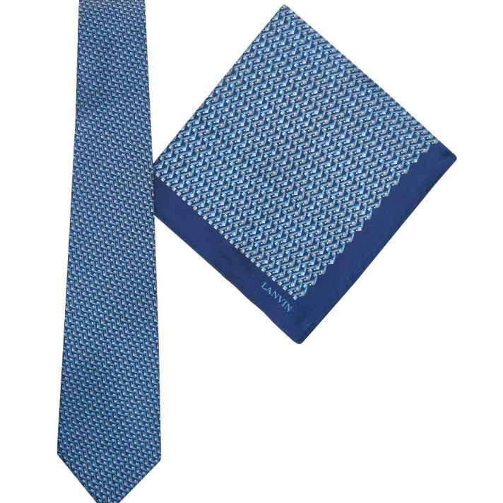Tie & Pocket Square Geometric Squares Pattern Blue/Grey Gift Set
