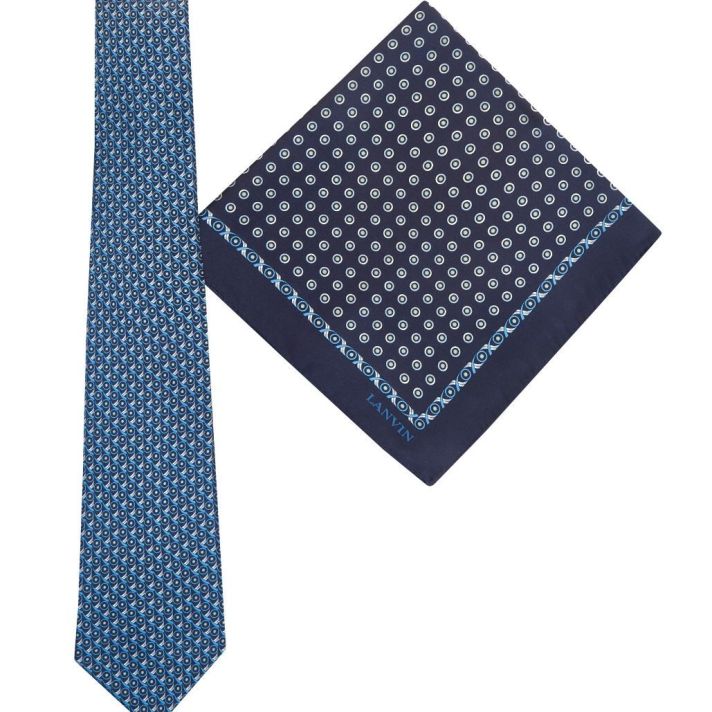 Tie & Pocket Square Geometric Circles Dot Pattern Navy Gift Set