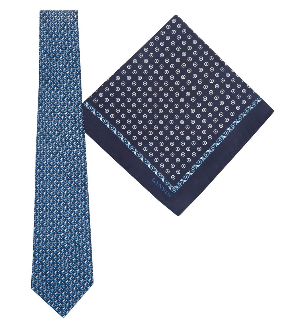 Tie & Pocket Square Geometric Circles Dot Pattern Navy Gift Set