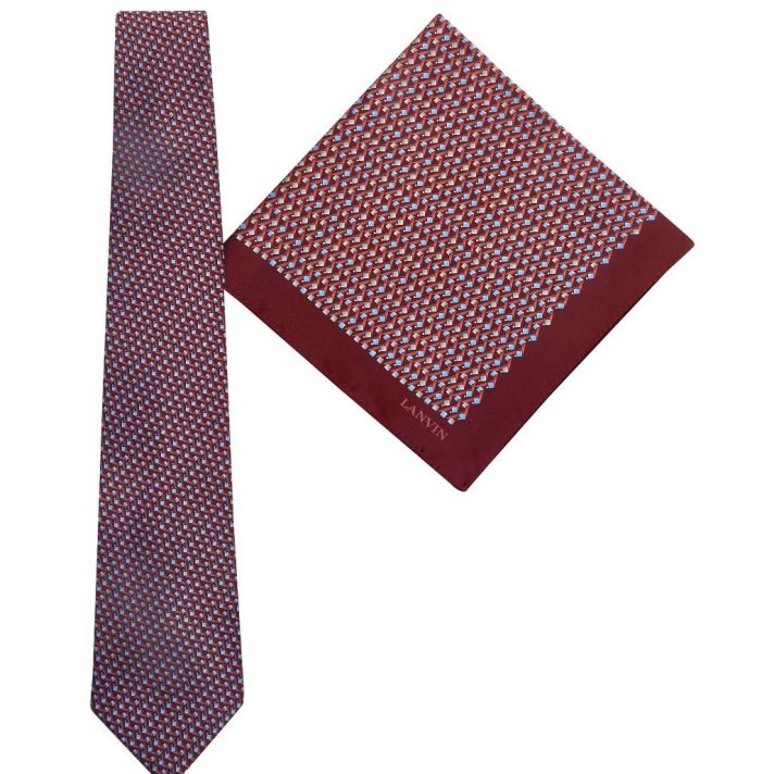 Tie & Pocket Square Geometric Squares Pattern Burgundy Gift Set