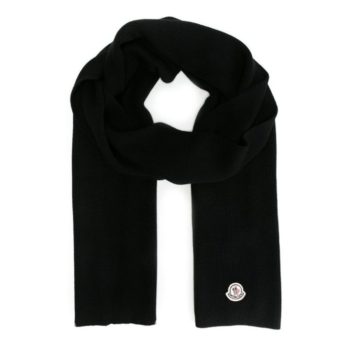 Moncler Ribbed Logo Knit Black Scarf