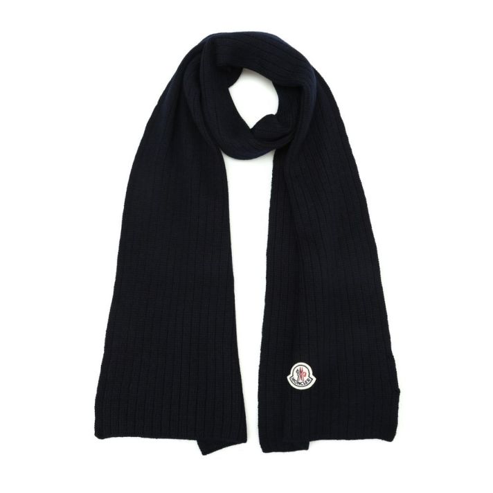 Moncler Ribbed Logo Knit Navy Blue Scarf
