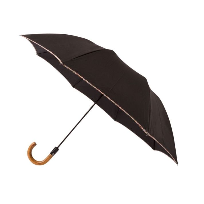 Paul Smith Black Signature Stripe Border Compact Umbrella With Wooden Handle