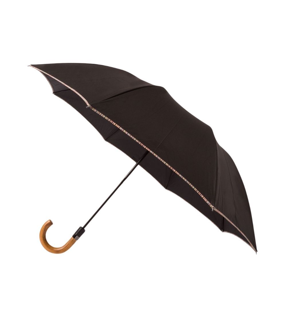 Paul Smith Black Signature Stripe Border Compact Umbrella With Wooden Handle