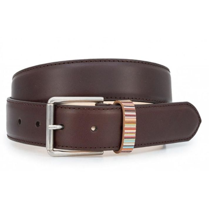Dark Brown Signature Stripe Keeper Leather Belt
