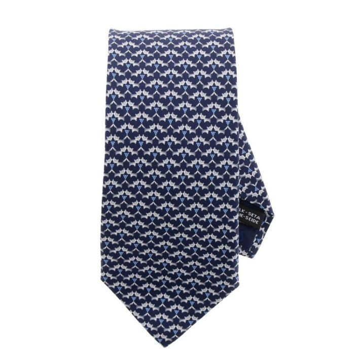 Fox and Grape Print Navy Blue Silk Tie