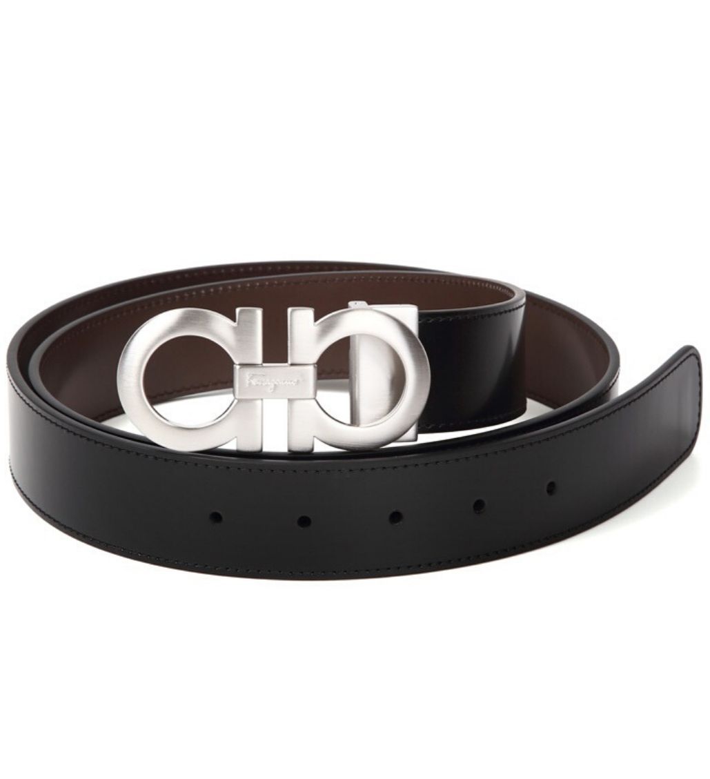 Black/Brown Double Gancini Calf Leather Reversible Belt