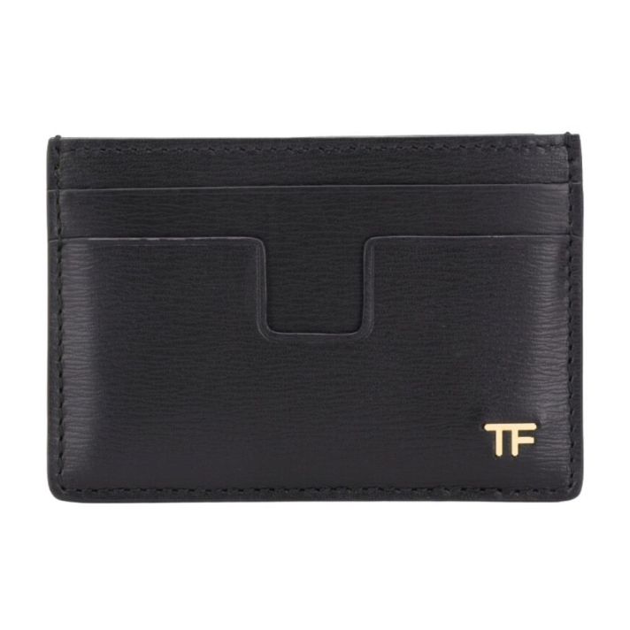 TF Metal Logo Black Grain Leather T Line Card Wallet