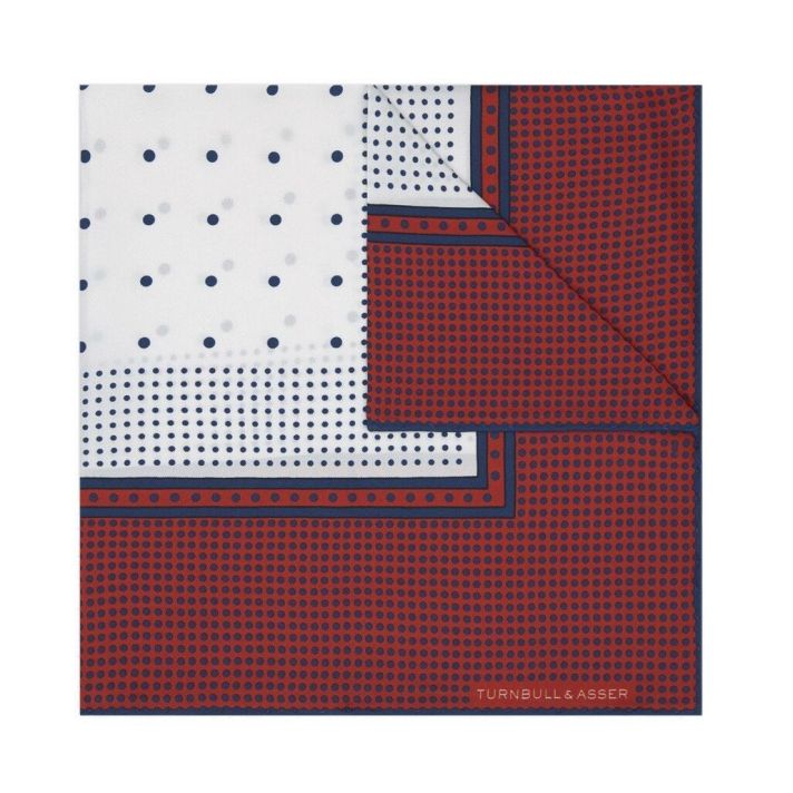 RED, WHITE AND NAVY SPOTTED POCKET SQUARE