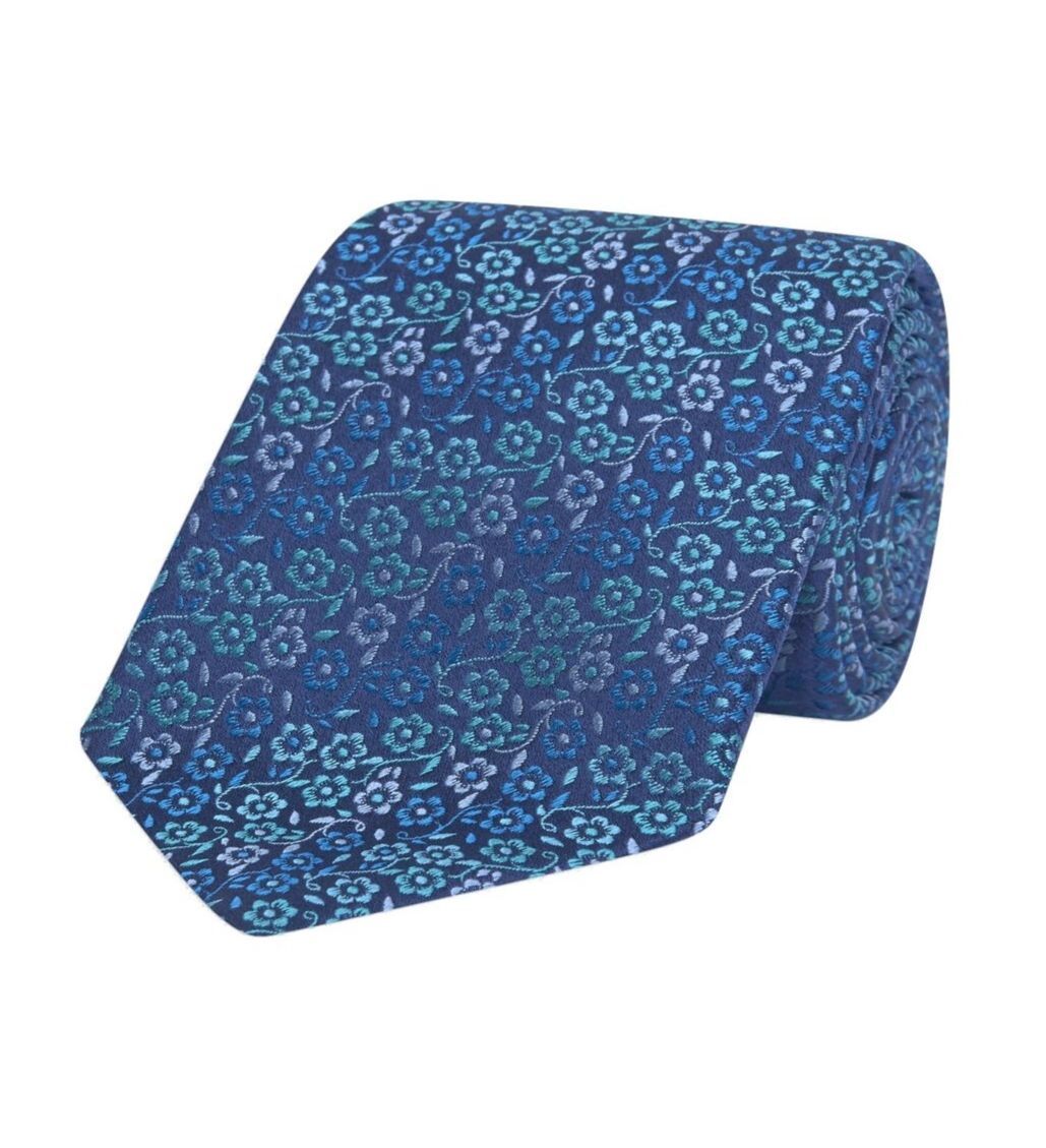 Stripe Floral Multi-Blue Hand Sewn Silk Tie