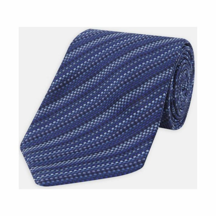Turnbull & Asser Basket Weave Lines Tonal Blue Silk Tie 8cm