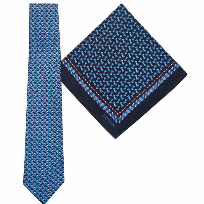Lanvin Tie & Pocket Square Bow Pattern Blue Silk Gift Set