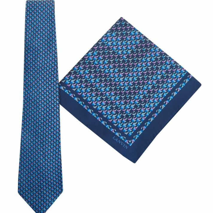 Lanvin Tie & Pocket Square Geometric Squares Triangle Pattern Silk Gift Set