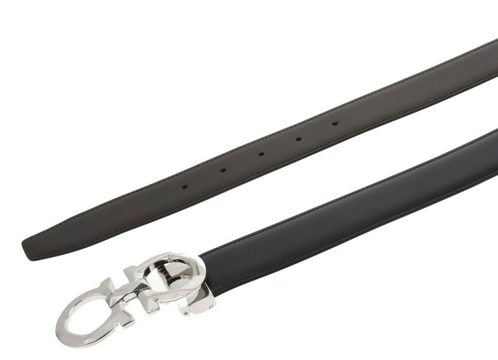 Salvatore Ferragamo Gancini Silver Diamond Finish Buckle Black/Brown Belt - Image 3