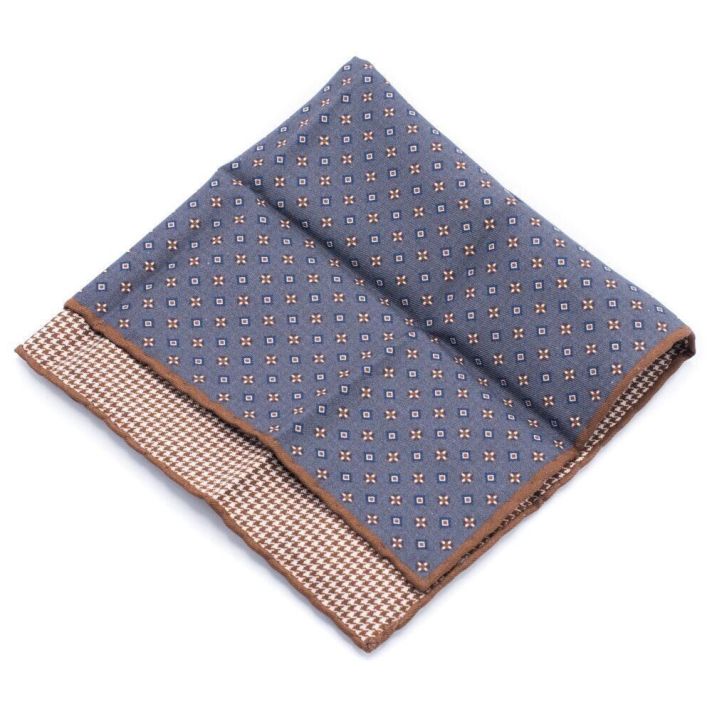 Brunello Cucinelli Denim Blue Brown Double sided Pocket Square