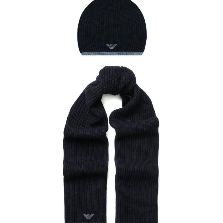 Emporio Armani Eagle Logo Rib-knit Dark Blue Beanie Hat and Scarf Set