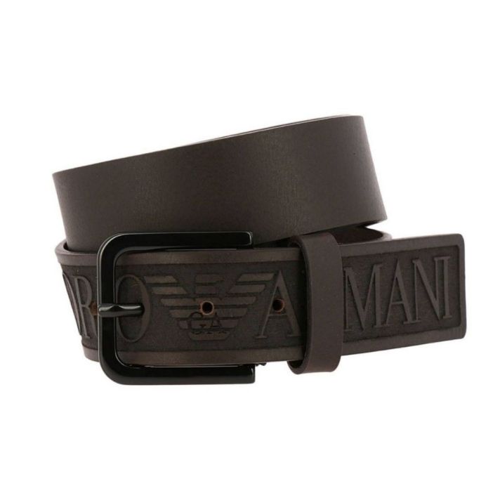 Emporio Armani Leather Belt With Maxi Logo Dark Brown